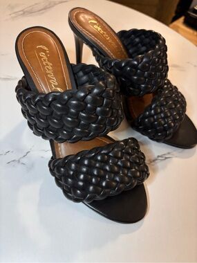 Black Braided Double-Strap Stiletto Sandals